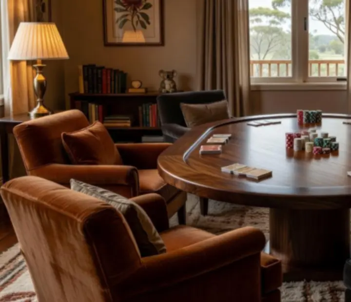 Refined physical card room with real poker tables, playing cards and poker chips