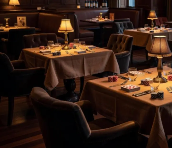 Warm Australian card lounge interior with dark timber tables, linen and a real poker table set for offline poker