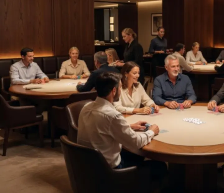 Atmospheric view of the Rook & Reverie card room with poker tables and warm lighting.