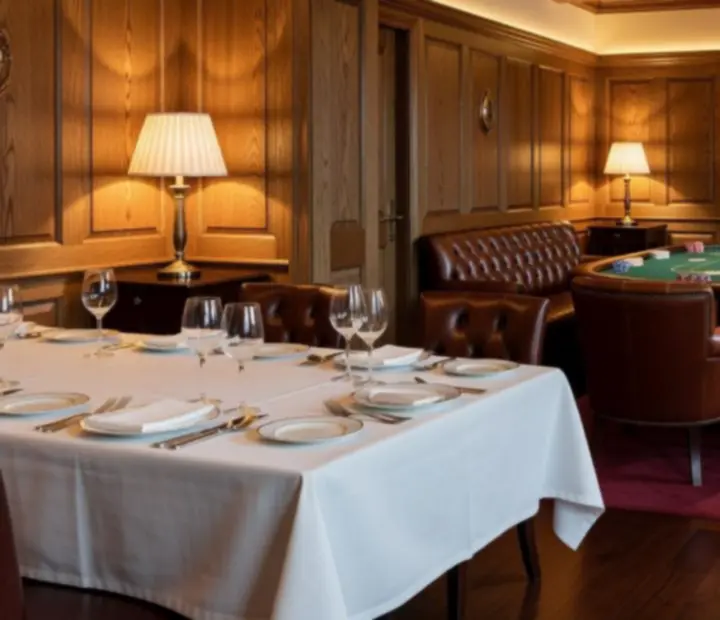 Guests moving from the dining room towards the warm light of the card lounge at Rook & Reverie