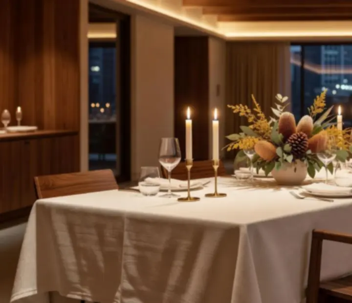 Evening dining atmosphere with ivory linens, antique brass and muted rust tones at Rook & Reverie