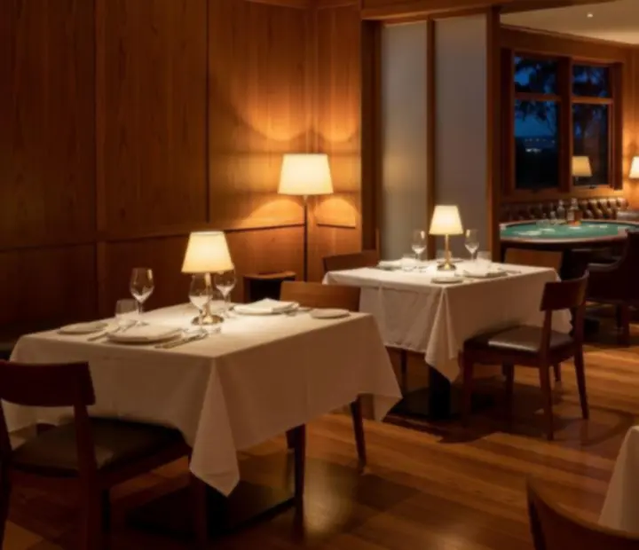 Warm restaurant parlour with dining tables and a visible poker table dressed in linen and lamplight