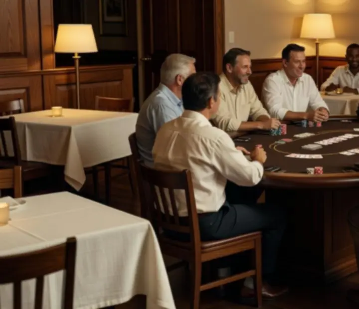 Warm card room at Rook & Reverie with real poker tables, playing cards and poker chips.