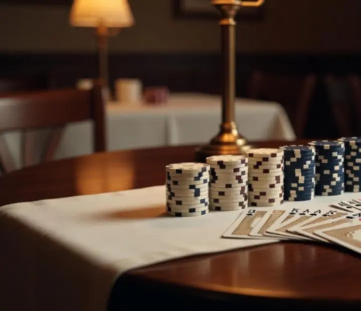 Physical poker tables set for an evening of offline poker with playing cards and poker chips in a warm Australian card lounge