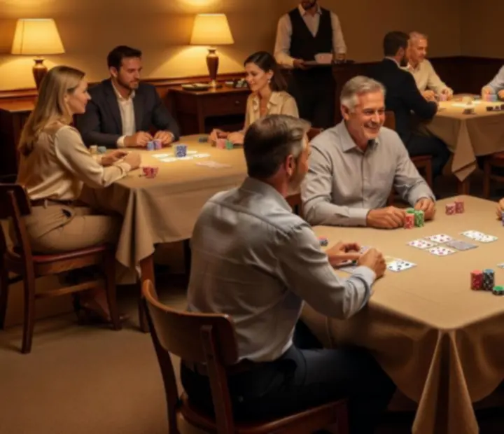 Warm card room at Rook & Reverie with poker tables, playing cards and soft lamplight