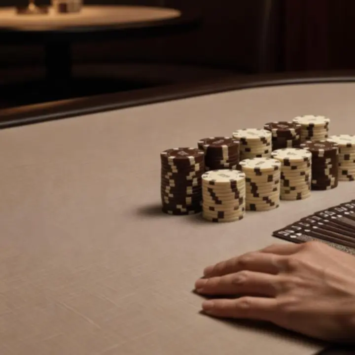 Detail of a professional poker table with linen surface, playing cards and poker chips at Rook & Reverie.