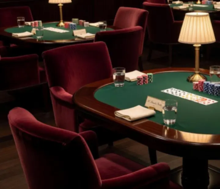 Private card room reservation setup with real poker tables, playing cards and warm lamplight
