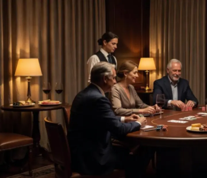 Private card room at Rook & Reverie set with poker tables and lamplight