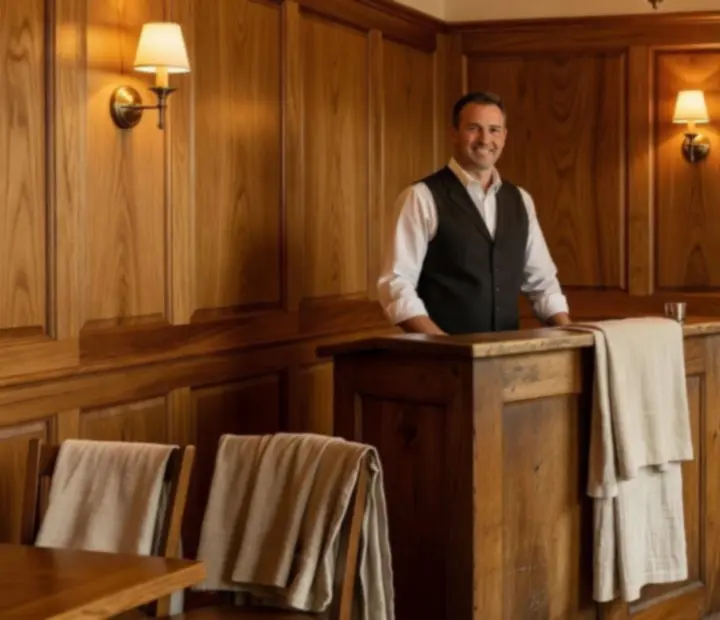 Warm reservations welcome at Rook & Reverie with a linen-covered table and card lounge ambience
