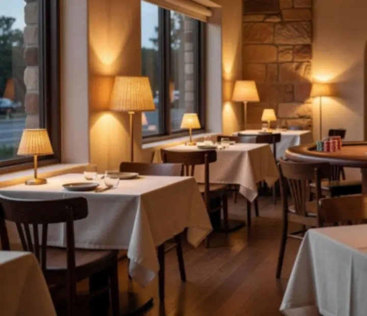 Warm Australian restaurant interior with linen-dressed tables, timber and a visible poker table set with playing cards and poker chips.
