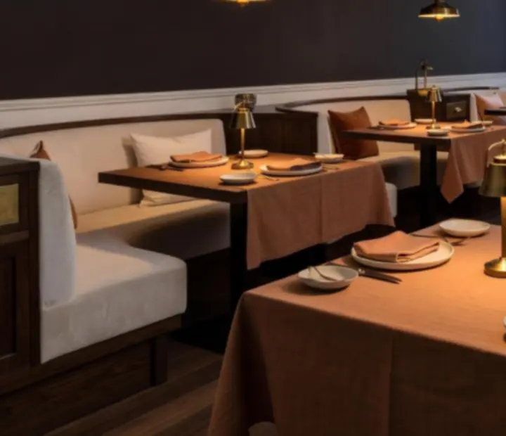 Warm Australian dining room with timber furniture, linen-dressed tables and lamplight at Rook & Reverie