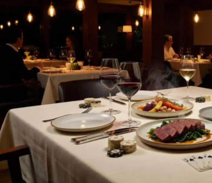 Warm restaurant table at Rook & Reverie with seasonal dishes and an intimate card-room feel